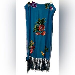 Lucy Silk Blue Scarf/ Wrap Floral Beaded